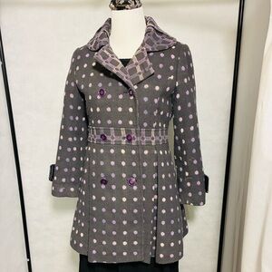 Purple and grey pea coat polka dot and plaid